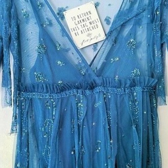HOST PICK ❤️ FREE PEOPLE SASCHA TEAL BLUE SEQUIN TULLE MAXI DRESS 0 NWT FAIRY - Picture 9 of 13
